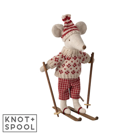 Maileg Red Winter Mum Mouse with Ski Set with ski poles and skis.