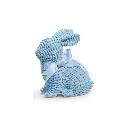 Blue Woven Wicker Bunny with Bow Sitting