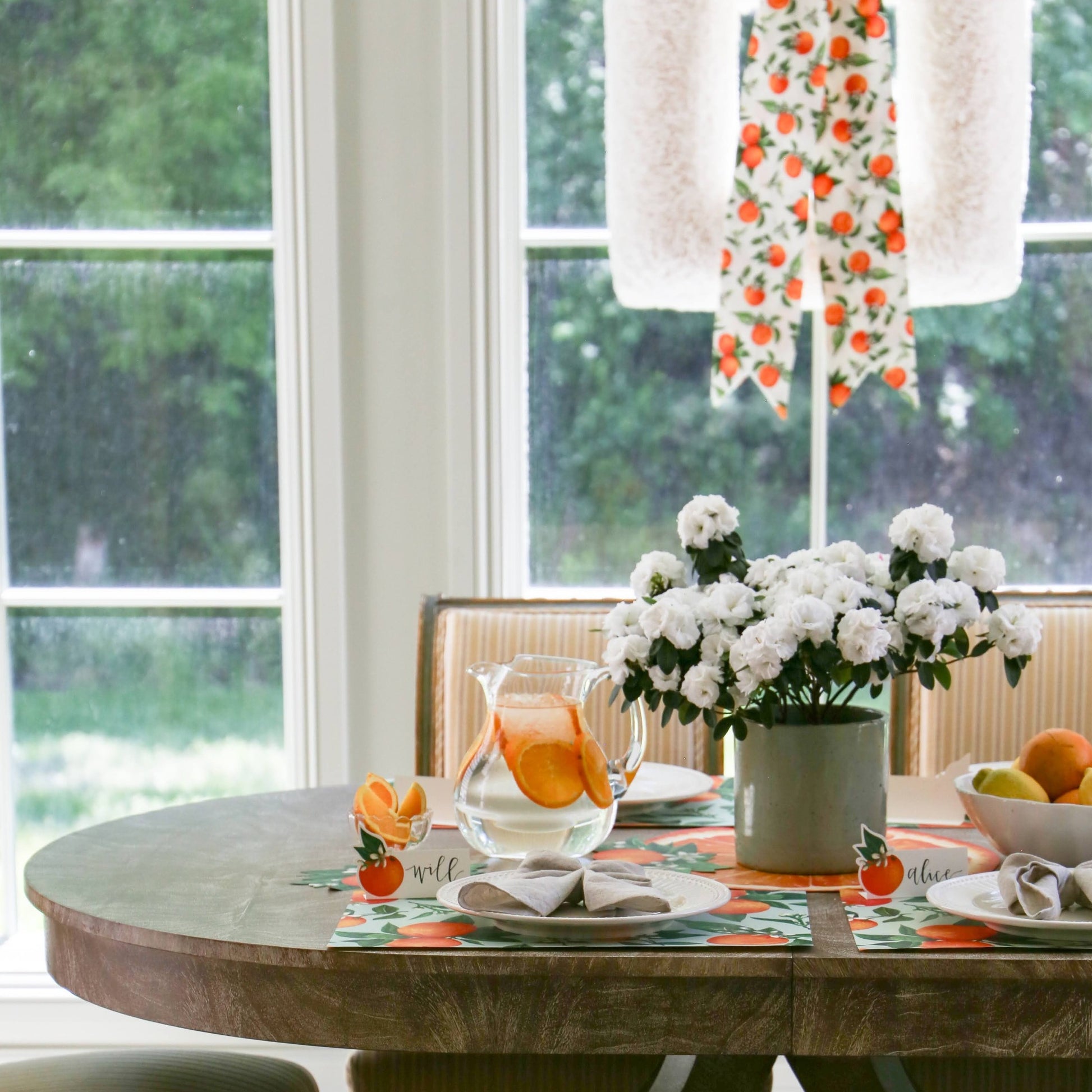 Orange You Fancy Bow on a Large Square Coffee Filter Wreath with matching table set ware