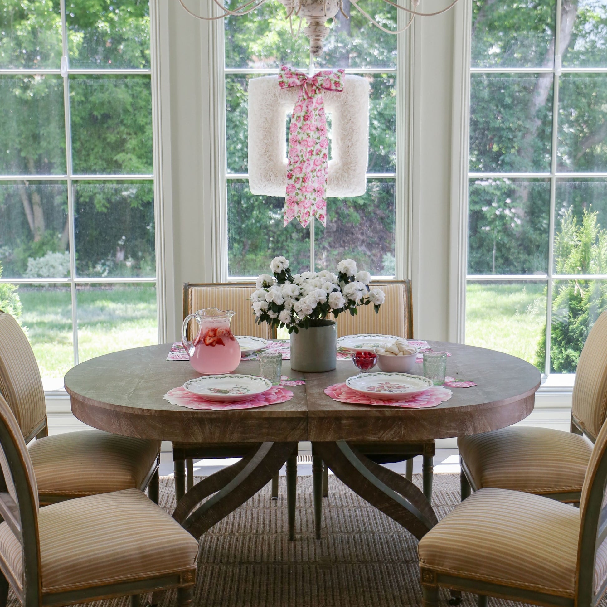 Blushing Bloom Bow on Large White Square Wreath