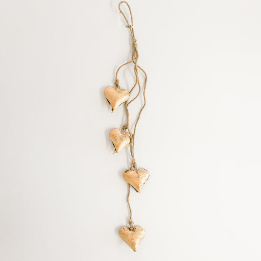 Metal Hearts on Jute Rope | Antique Brass Finish | 25.75 inches