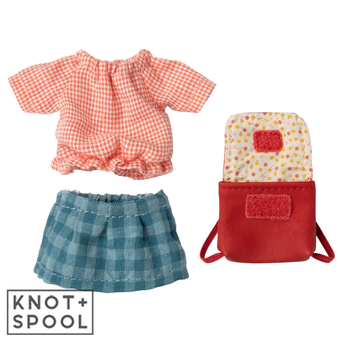 Maileg Big Sister Tricycle Mouse's Blouse, Skirt and Red Backpack.