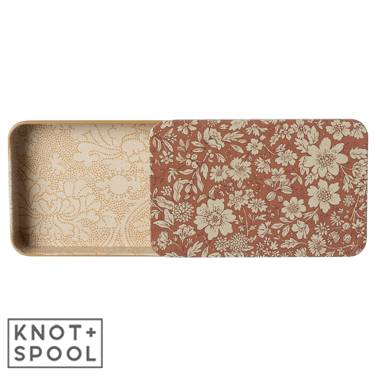 Maileg Blossom-Heather Metal Box with Open Sliding Lid with aerial view