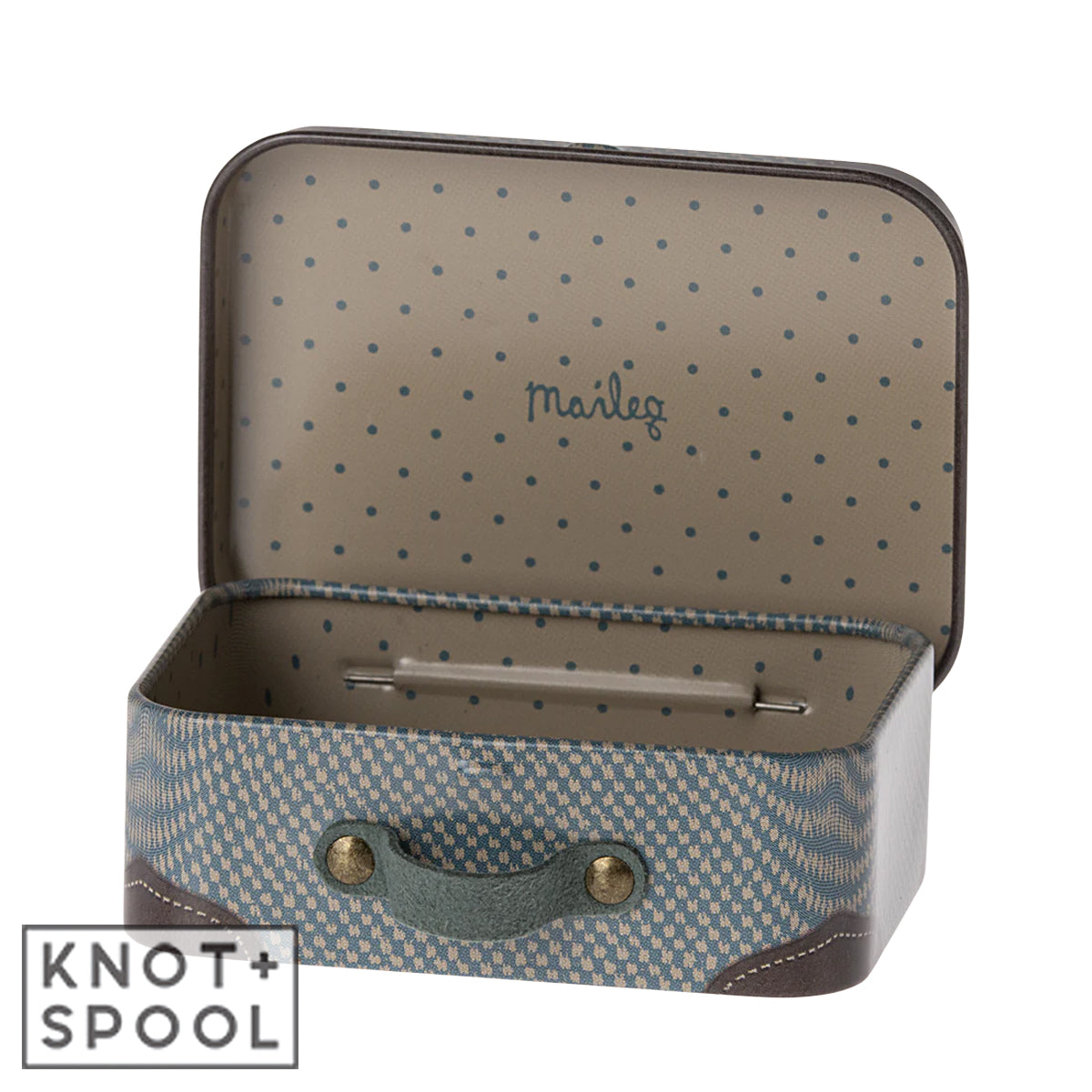 Maileg Blue Micro Suitcase with open lid.