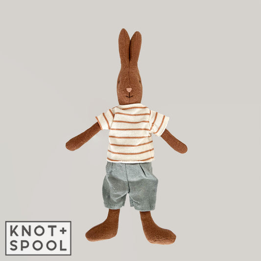 Maileg Chocolate Brown Rabbit with Striped Blouse & Shorts | Size 1