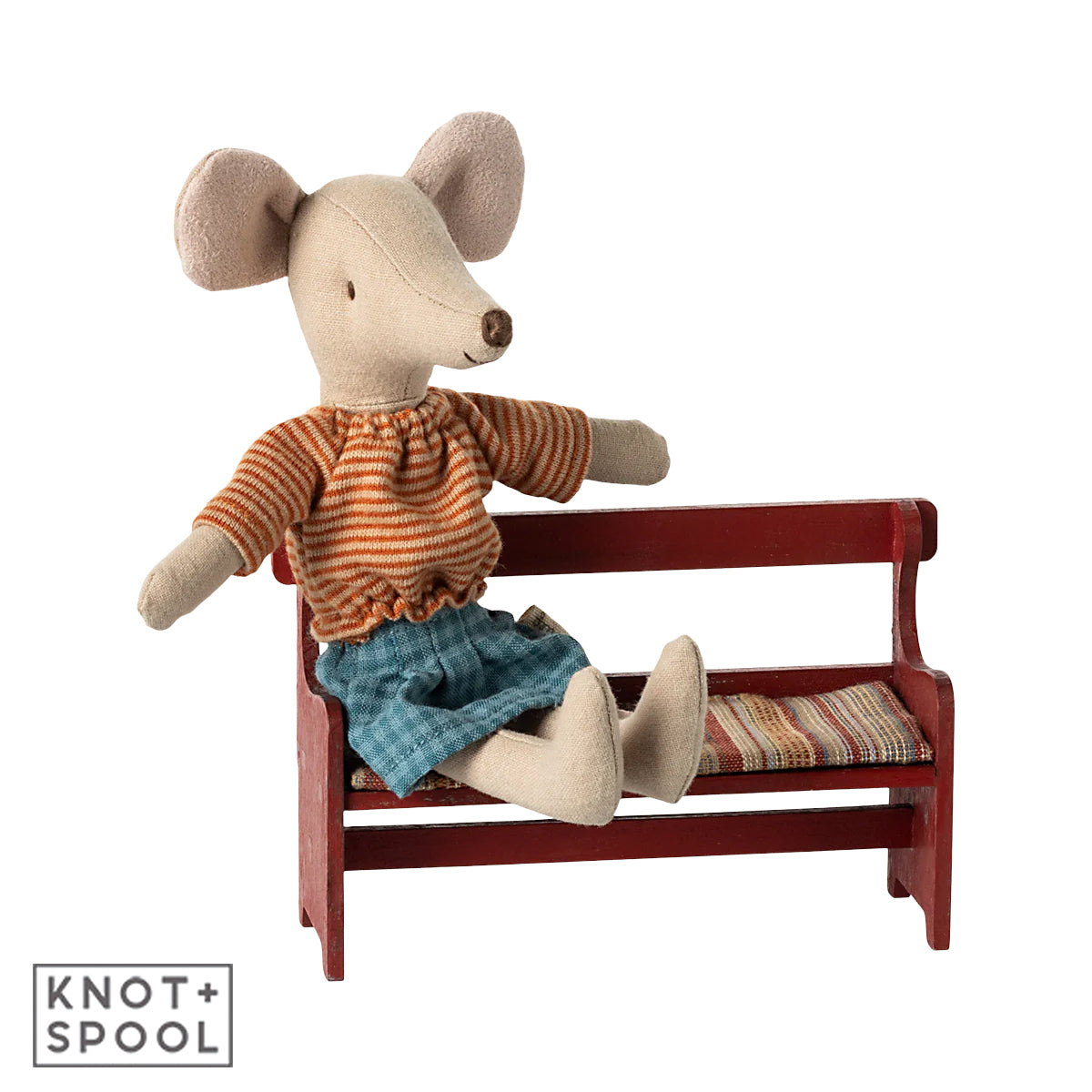 2024 Maileg Red Mouse Bench with Maileg Mouse sitting on it.