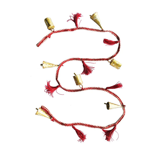 Metal Bell Garland with Painted Pattern & Cotton Tassels | Gold, Red & White | 72-inches