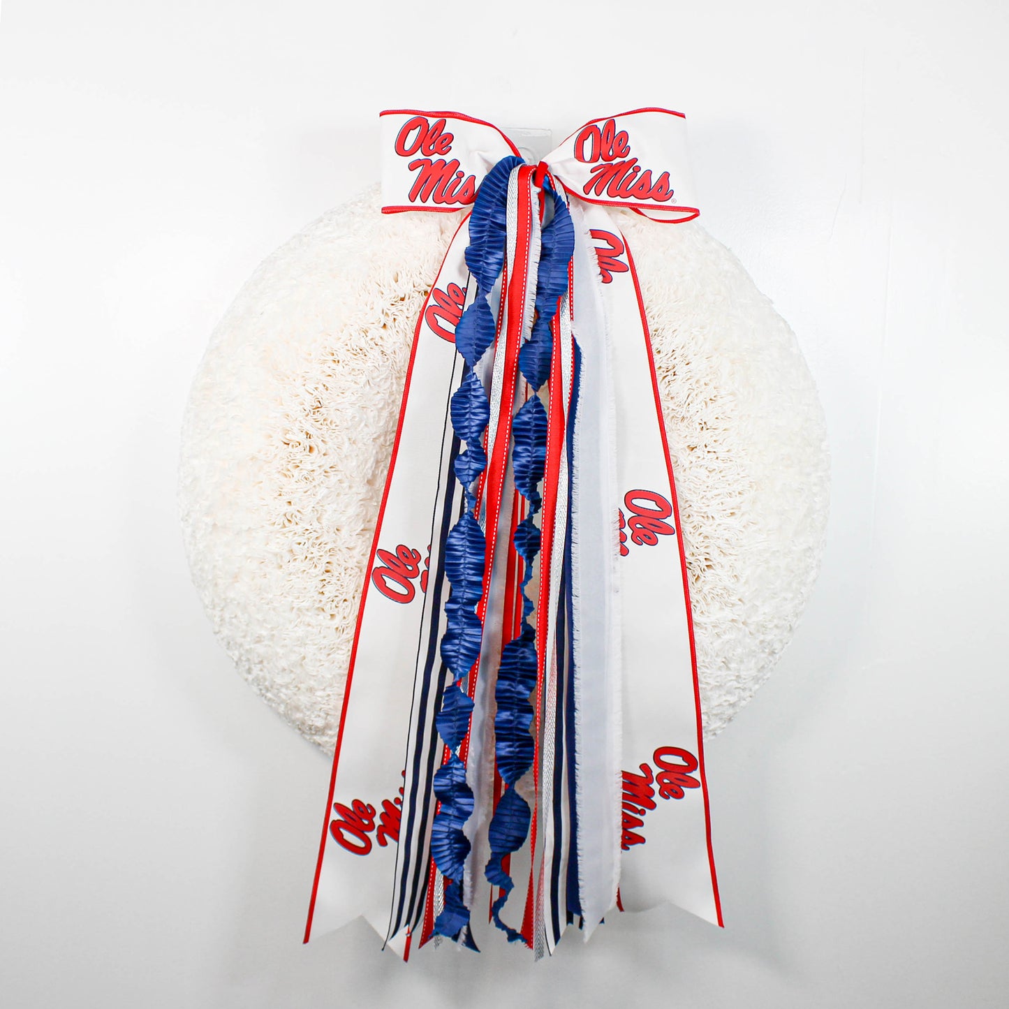 Ole Miss Rebels Collegiate Ribbon Set with Bow on a White Coffee Filter Wreath