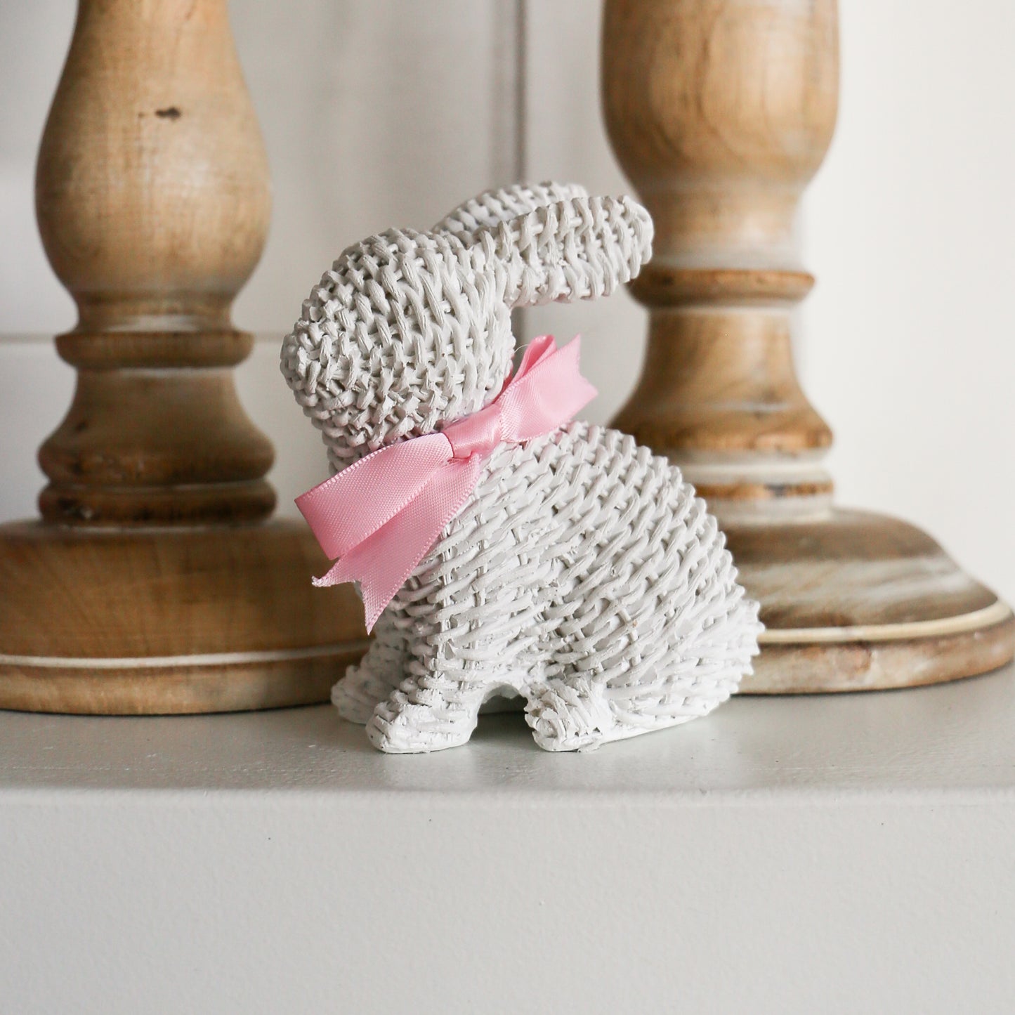 White Woven Wicker Bunny with Bow | Sitting