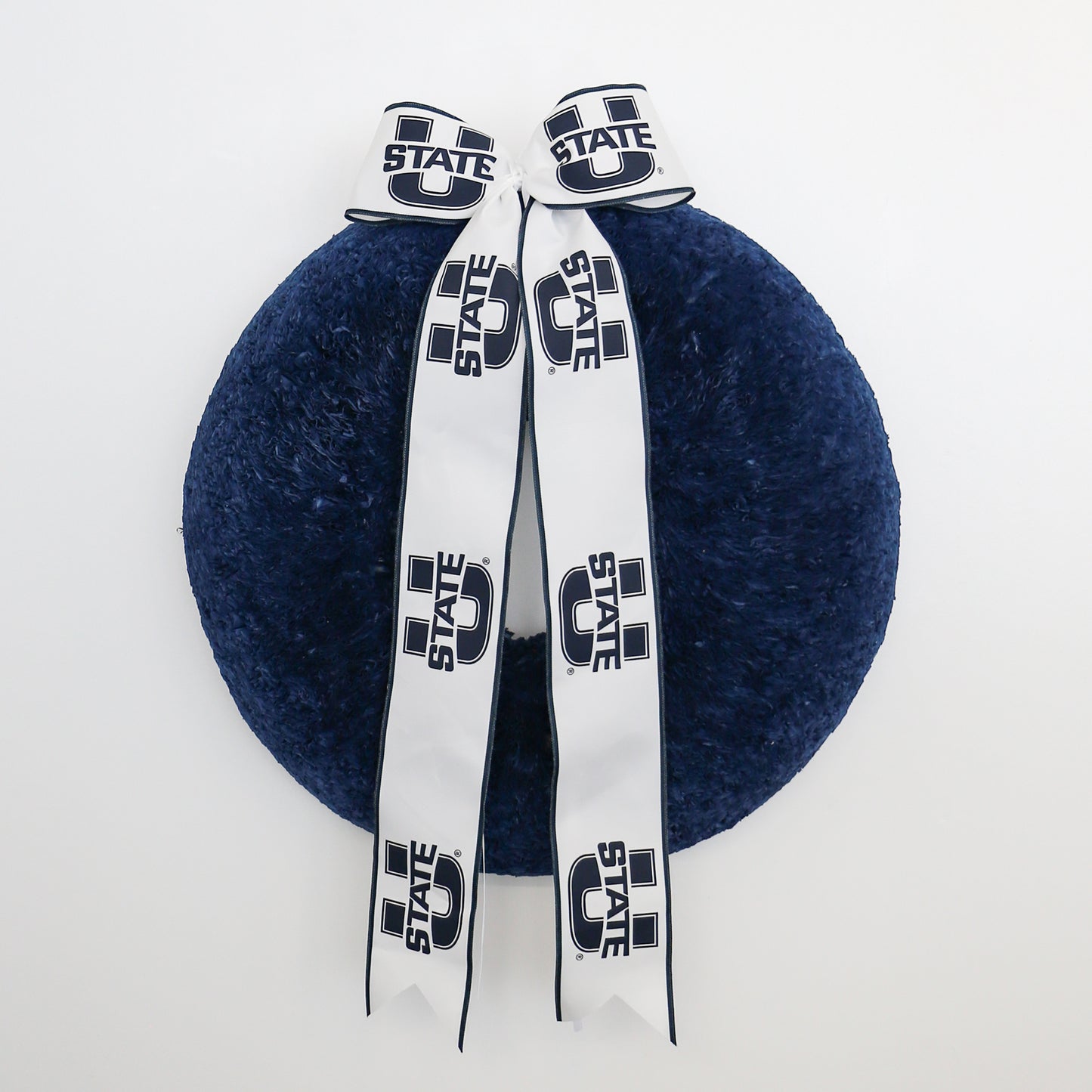 Utah State Collegiate Bow on a Navy Blue Coffee Filter Wreath