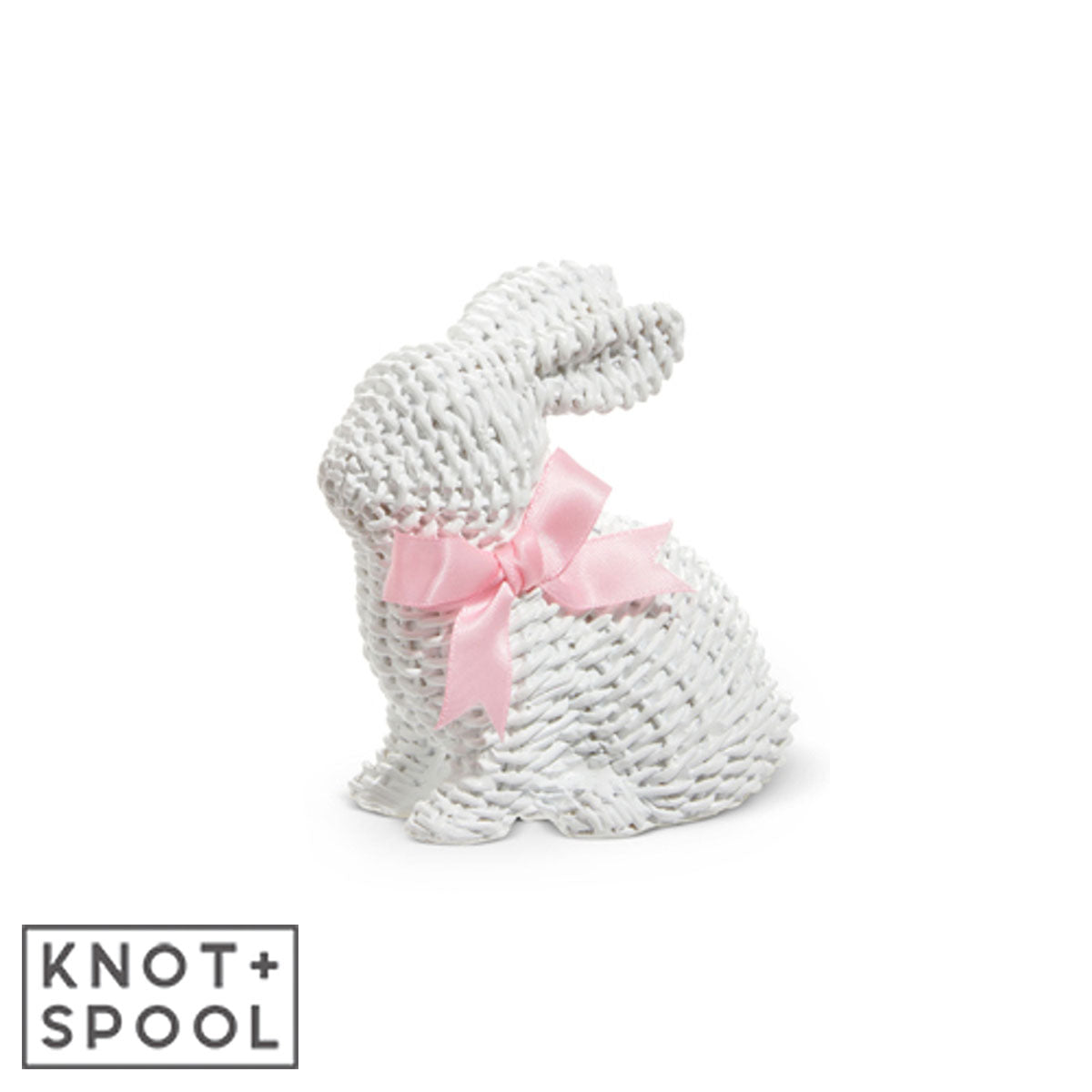 White Woven Wicker Bunny with Bow Sitting