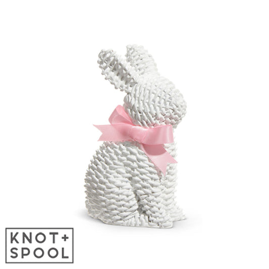 White Woven Wicker Bunny with Bow Standing