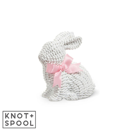 White Woven Wicker Bunny with Bow| Sitting - Knot and Spool