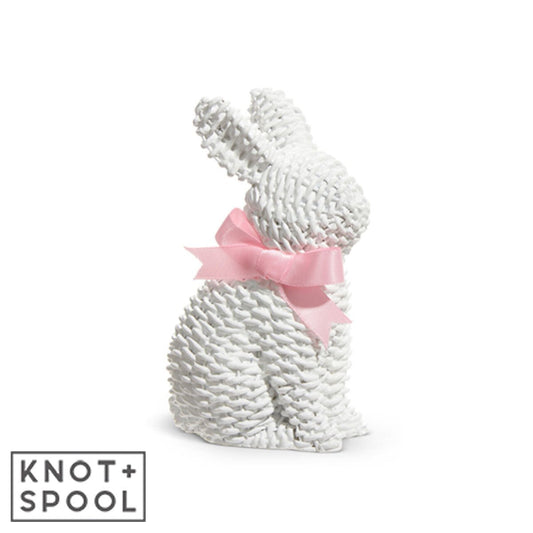 White Woven Wicker Bunny with Bow | Standing - Knot and Spool